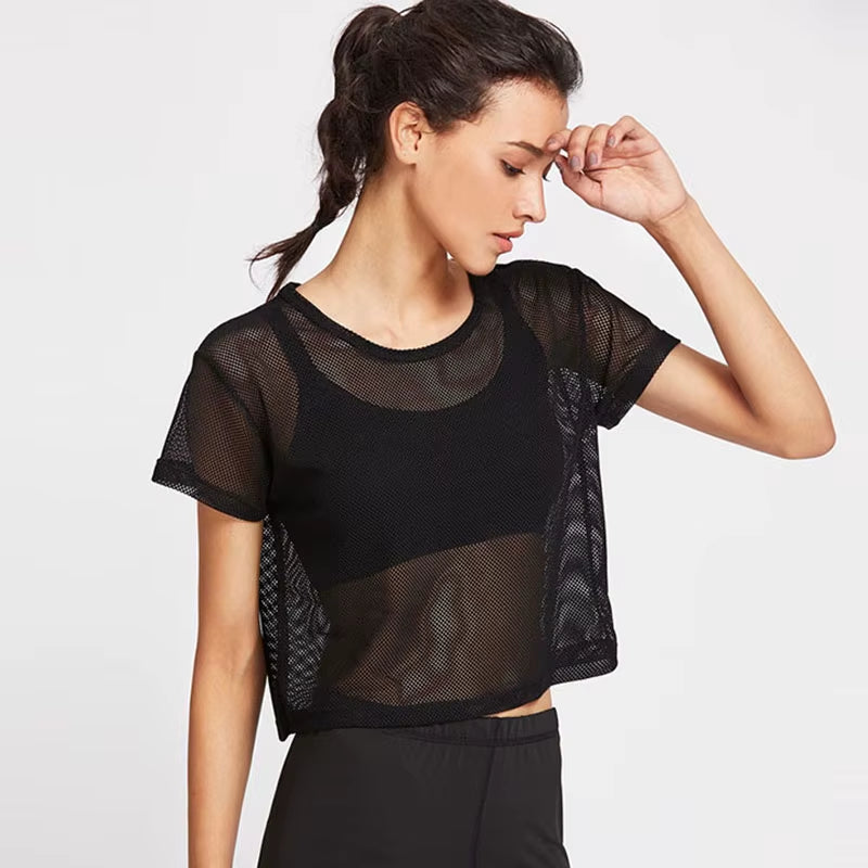 Women'S Mesh Yoga Shirt Sexy Short Sleeve T-Shirt Sport Top Blouse Cover up Quick Dry Gym Clothes Running Fitness Tank Sportwear