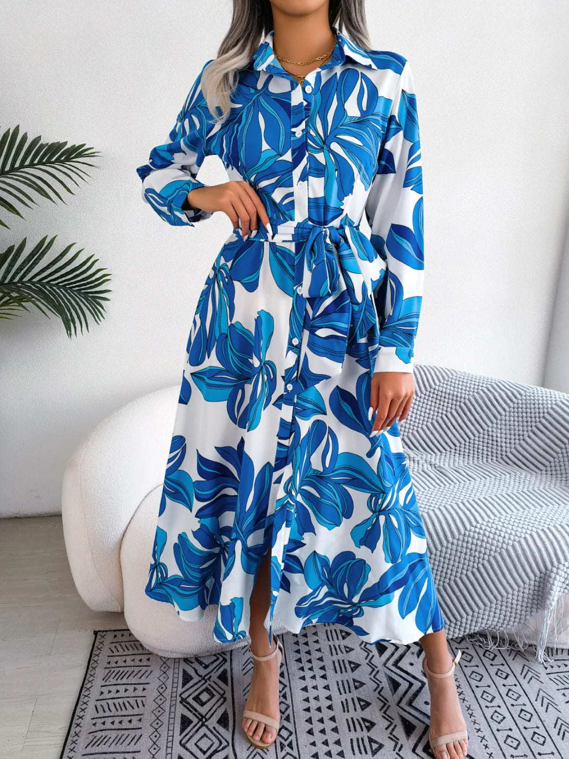 Tied Button up Long Sleeve Dress