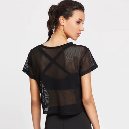 Women'S Mesh Yoga Shirt Sexy Short Sleeve T-Shirt Sport Top Blouse Cover up Quick Dry Gym Clothes Running Fitness Tank Sportwear