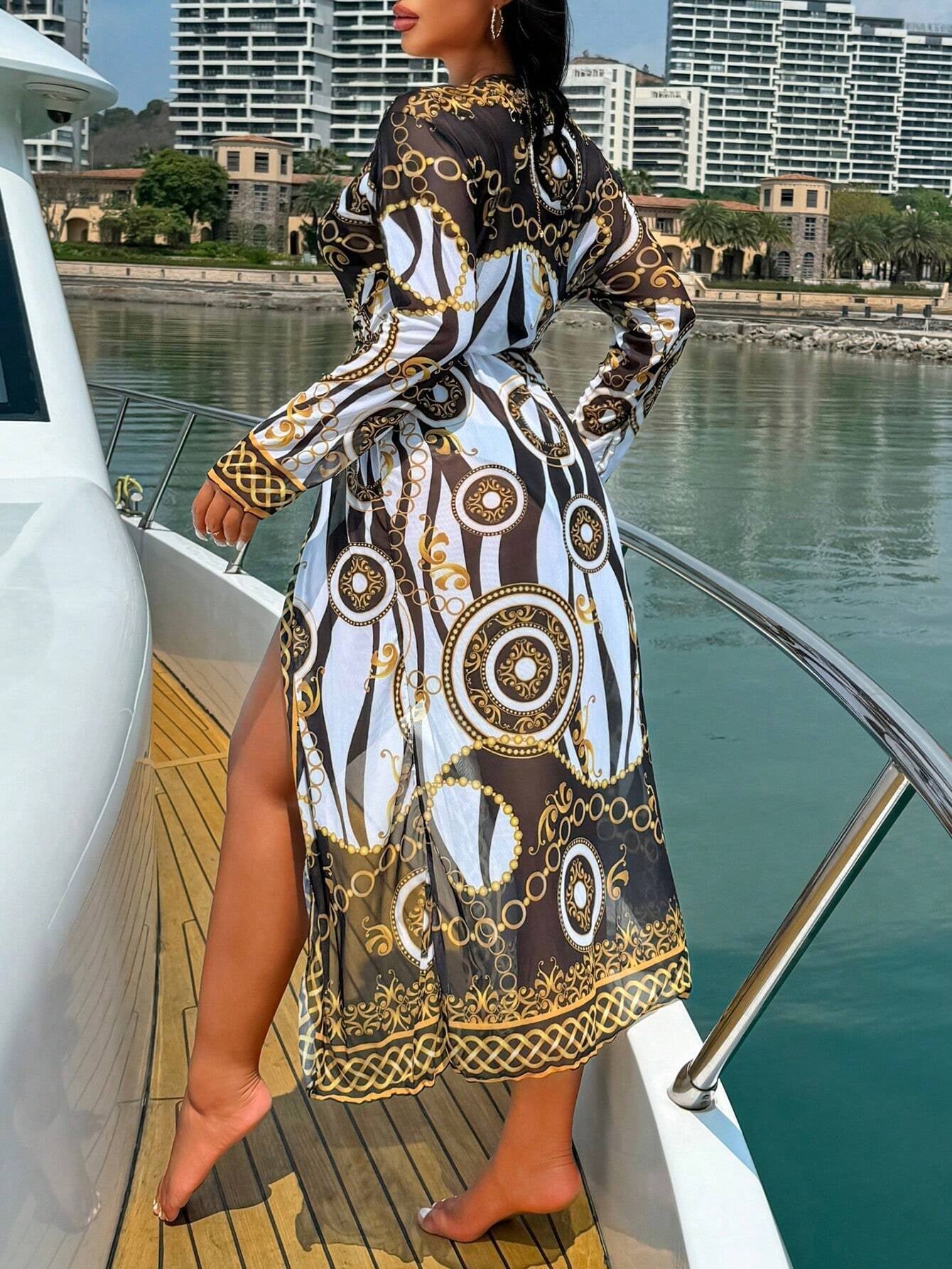 Women'S Holiday Chain Printed Long Sleeve Kimono Cover up (Random Print),Summer Beach