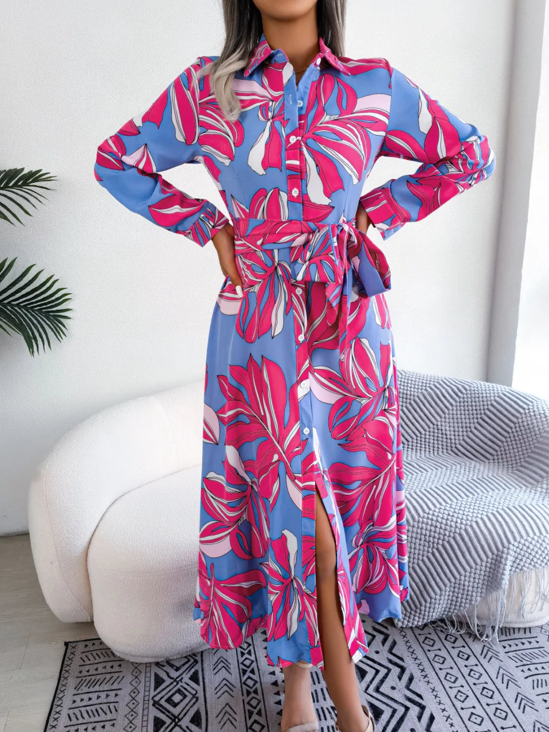 Tied Button up Long Sleeve Dress