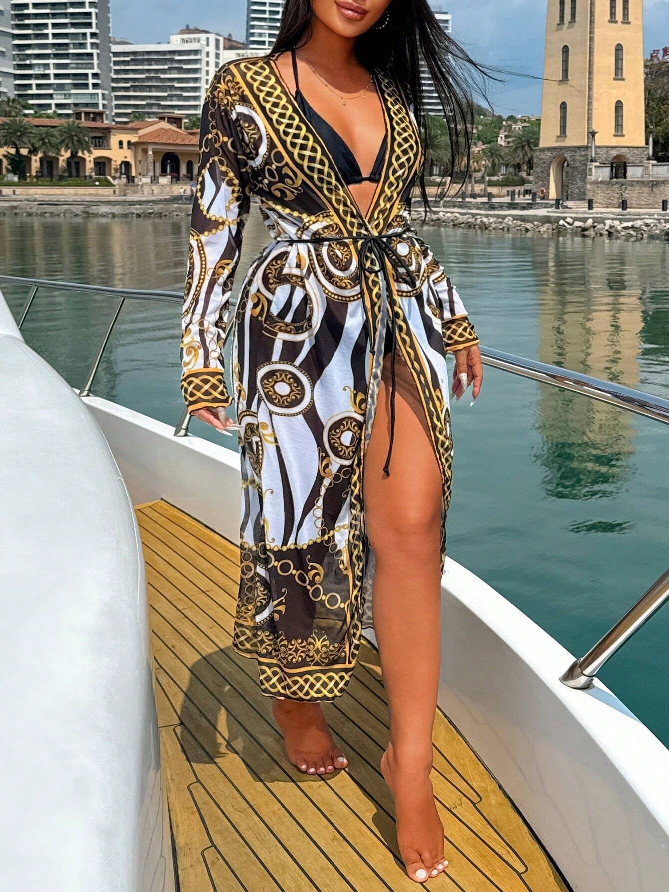 Women'S Holiday Chain Printed Long Sleeve Kimono Cover up (Random Print),Summer Beach