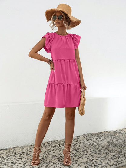 Ruffled round Neck Cap Sleeve Mini Dress
