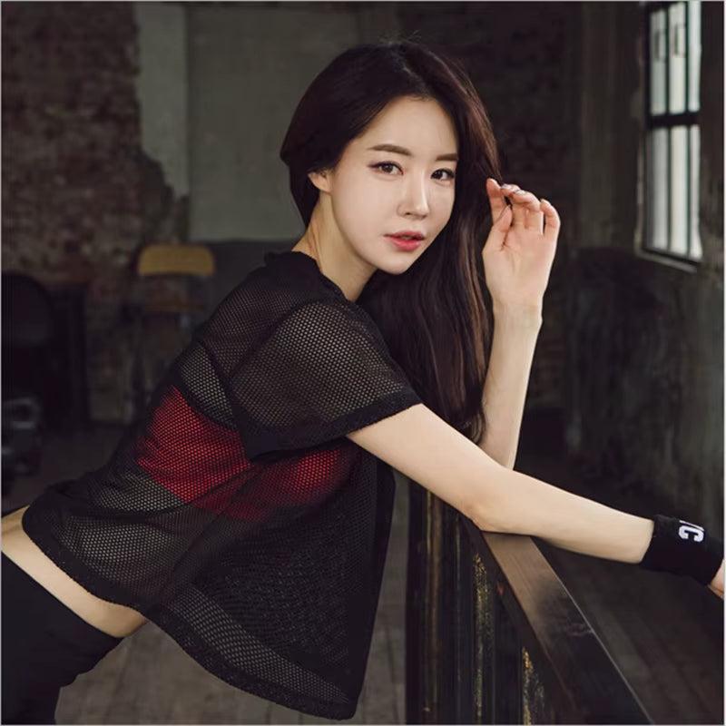 Women'S Mesh Yoga Shirt Sexy Short Sleeve T-Shirt Sport Top Blouse Cover up Quick Dry Gym Clothes Running Fitness Tank Sportwear
