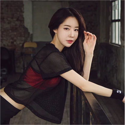 Women'S Mesh Yoga Shirt Sexy Short Sleeve T-Shirt Sport Top Blouse Cover up Quick Dry Gym Clothes Running Fitness Tank Sportwear