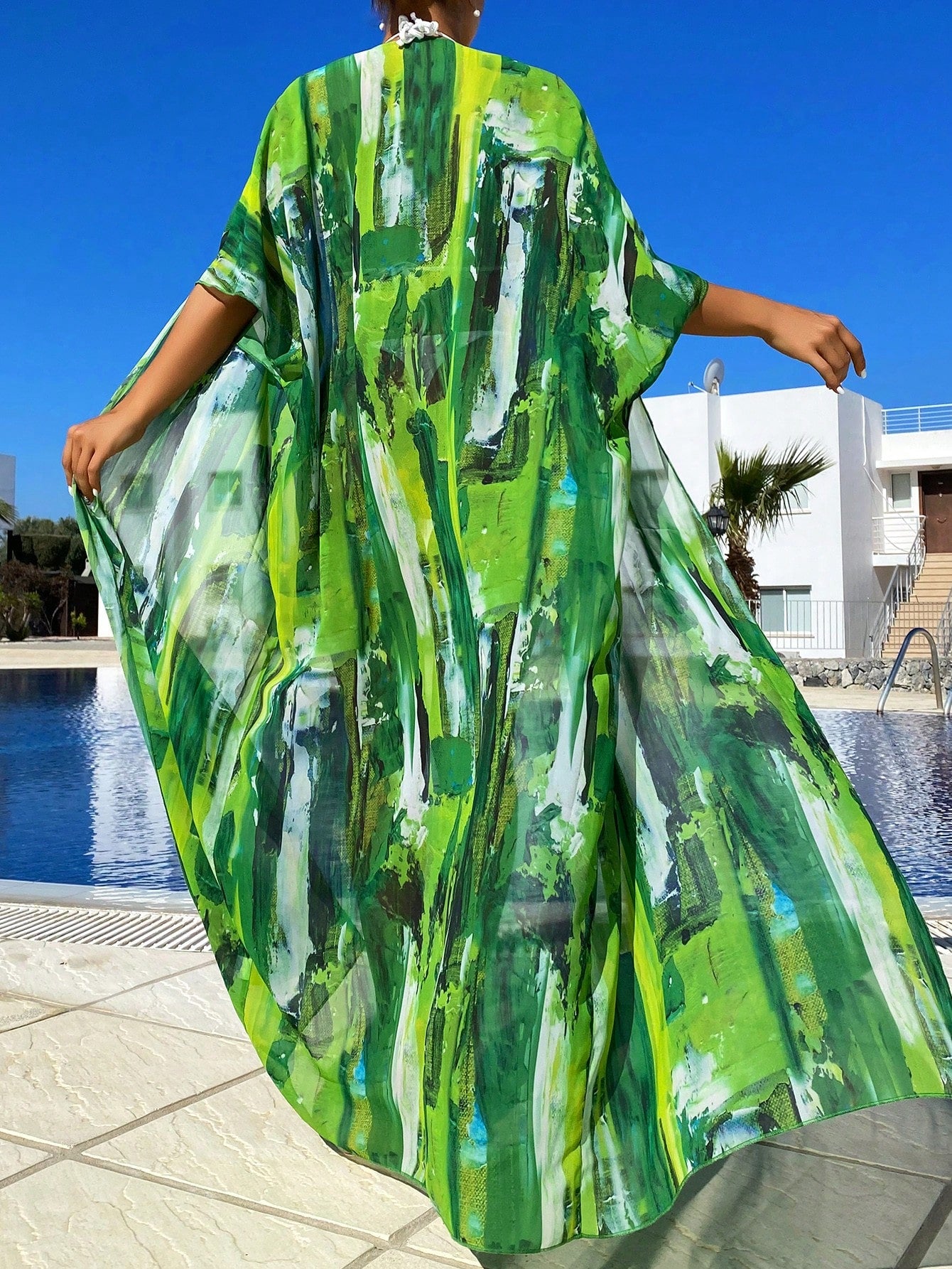 SHEIN Swim Allover Print Open Front Kimono,Summer Beach