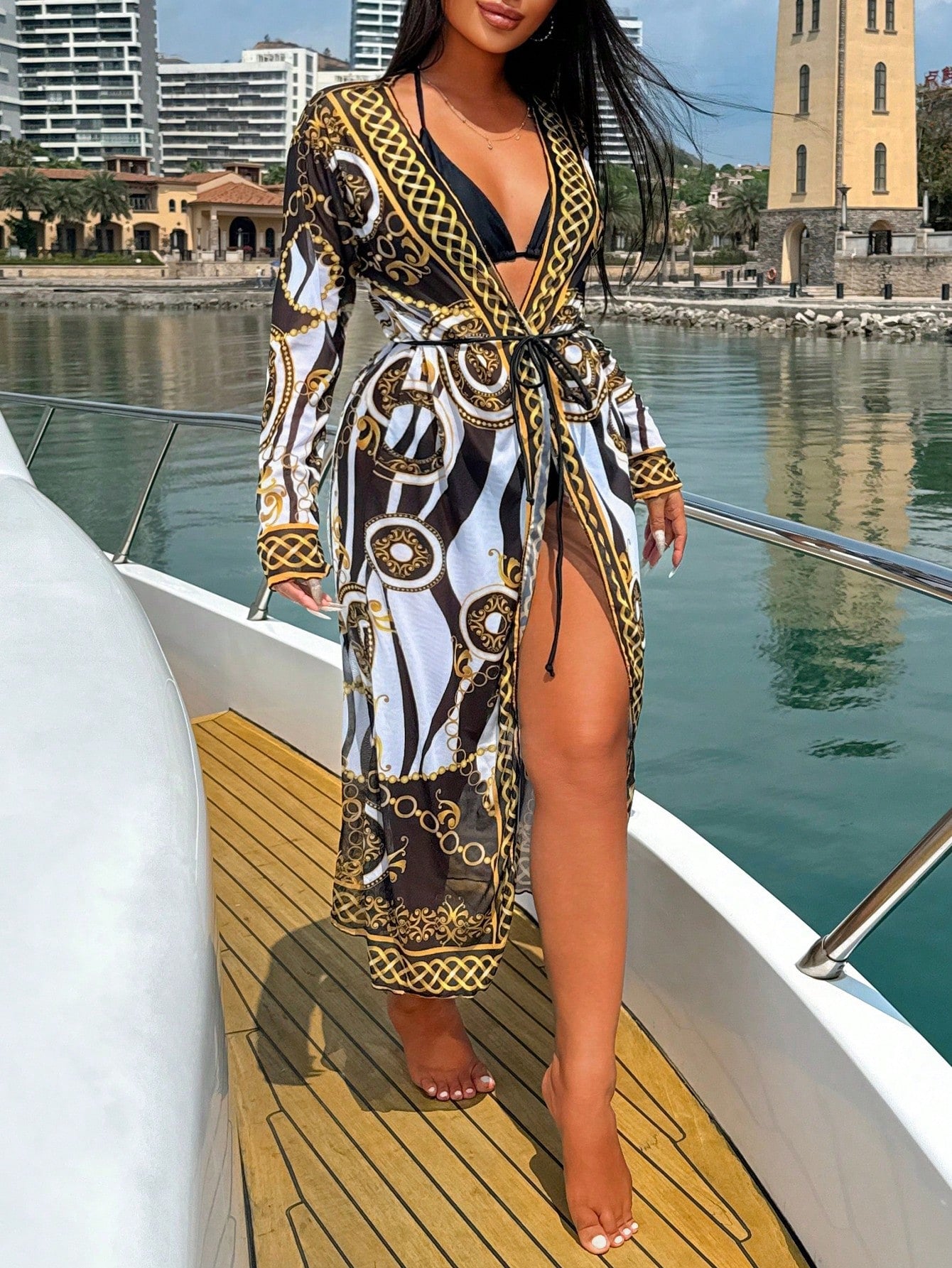 Women'S Holiday Chain Printed Long Sleeve Kimono Cover up (Random Print),Summer Beach
