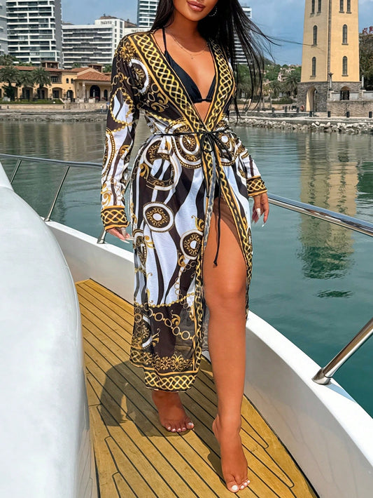 Women'S Holiday Chain Printed Long Sleeve Kimono Cover up (Random Print),Summer Beach