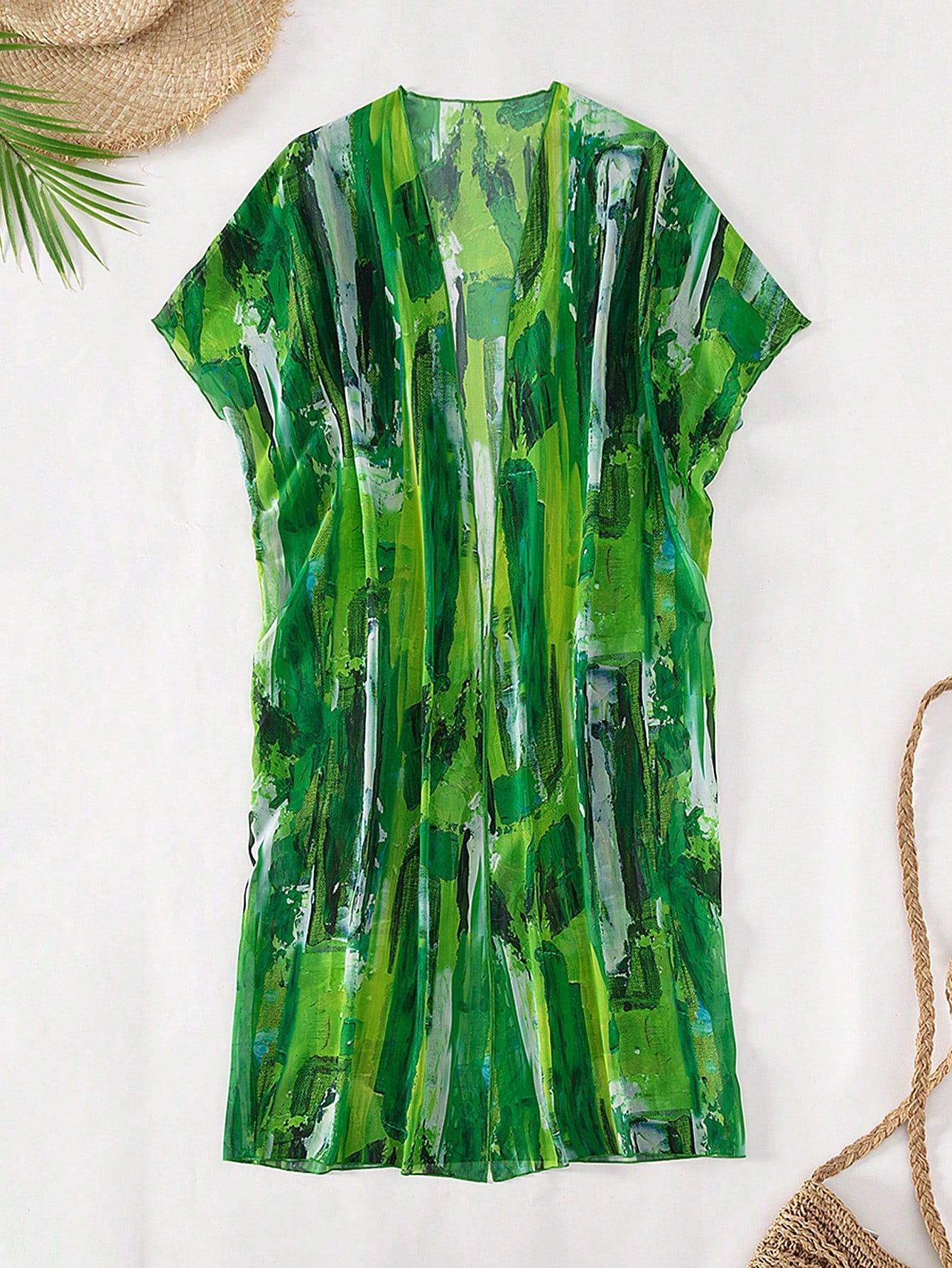 SHEIN Swim Allover Print Open Front Kimono,Summer Beach