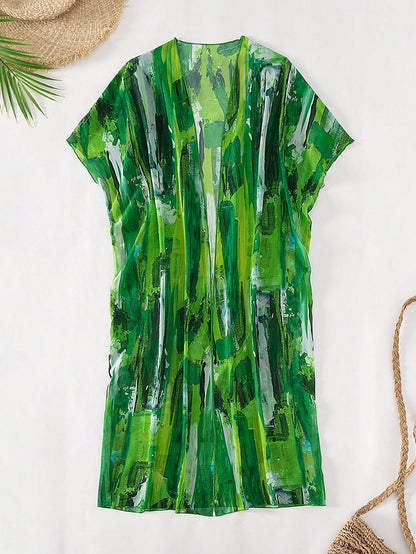 SHEIN Swim Allover Print Open Front Kimono,Summer Beach