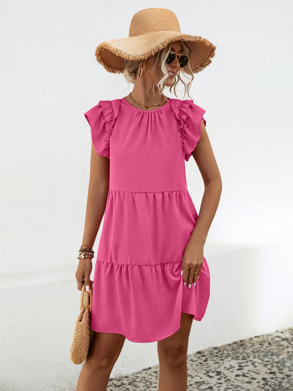 Ruffled round Neck Cap Sleeve Mini Dress