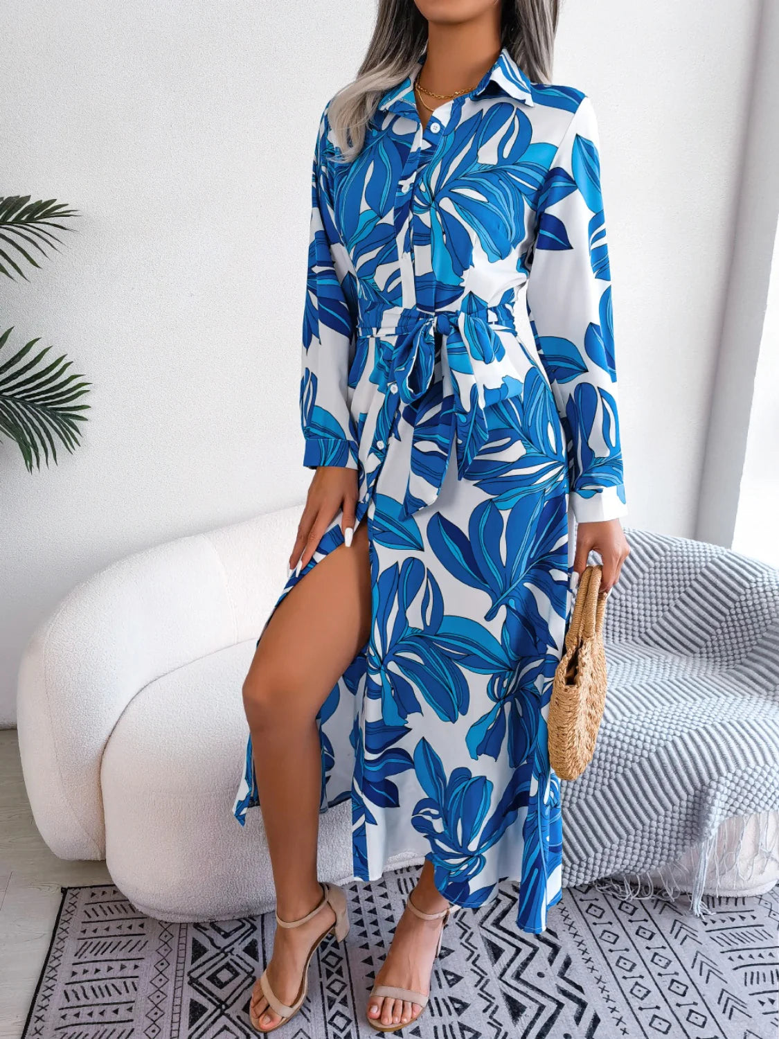 Tied Button up Long Sleeve Dress