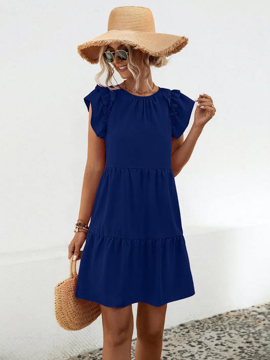 Ruffled round Neck Cap Sleeve Mini Dress