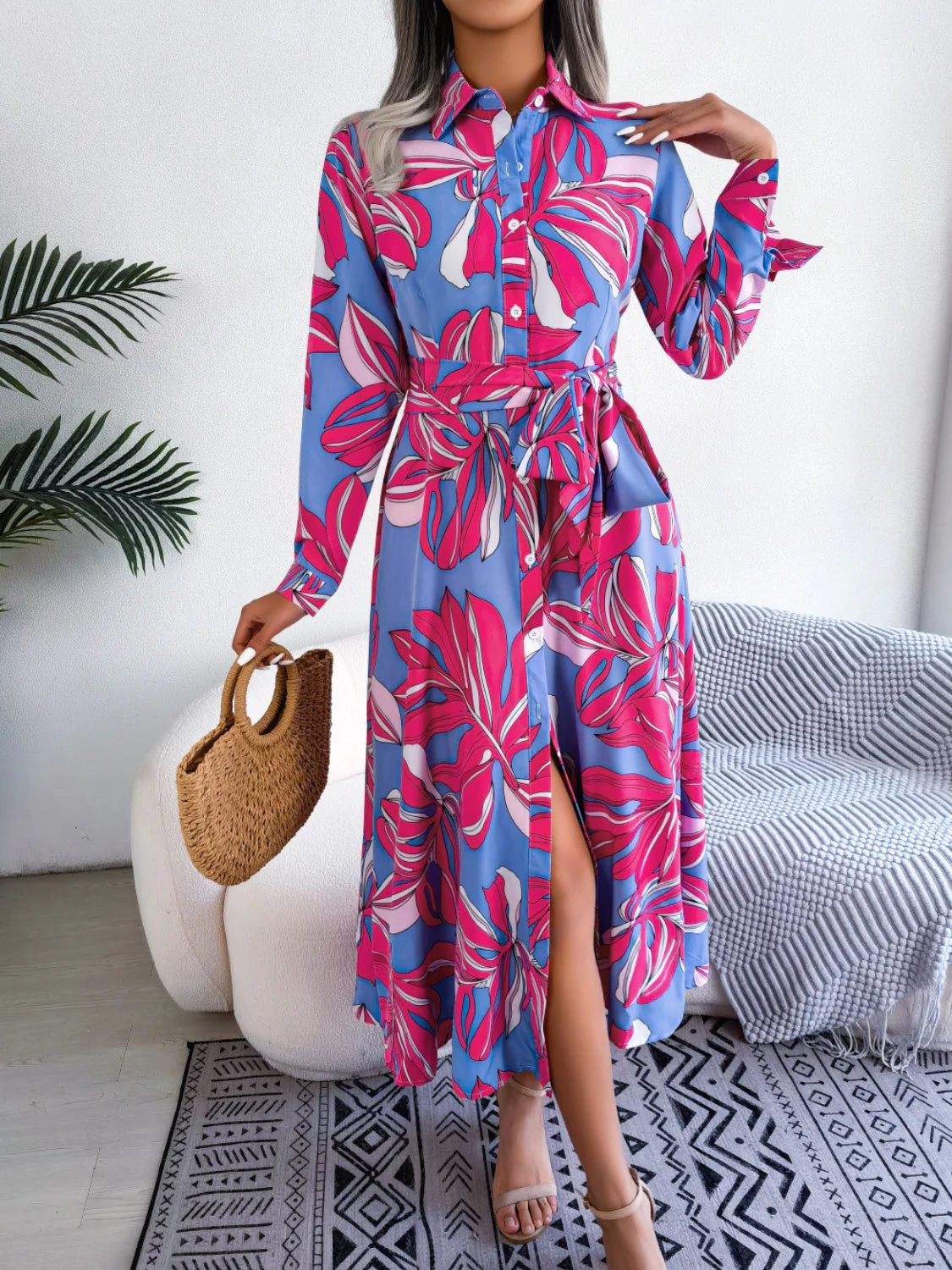 Tied Button up Long Sleeve Dress