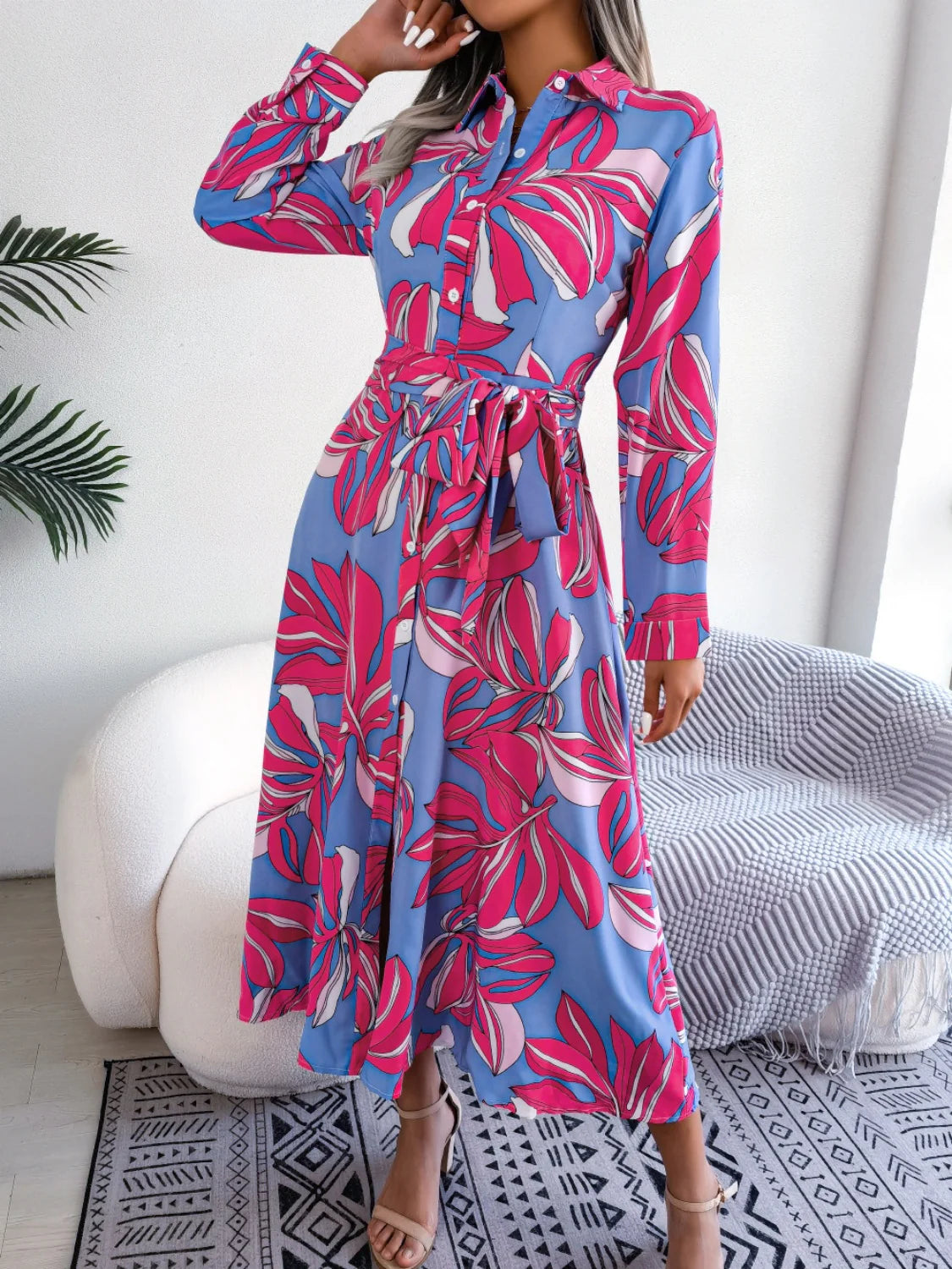 Tied Button up Long Sleeve Dress