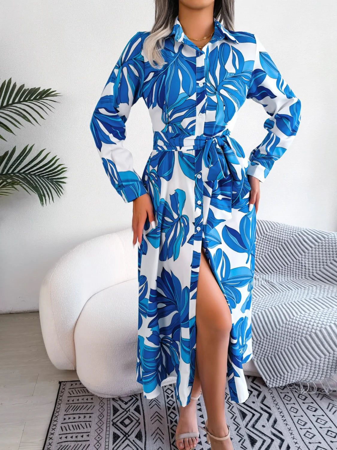 Tied Button up Long Sleeve Dress
