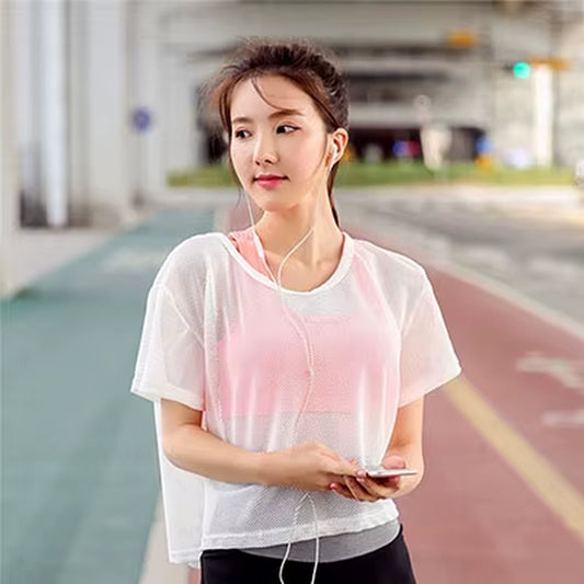 Women'S Mesh Yoga Shirt Sexy Short Sleeve T-Shirt Sport Top Blouse Cover up Quick Dry Gym Clothes Running Fitness Tank Sportwear