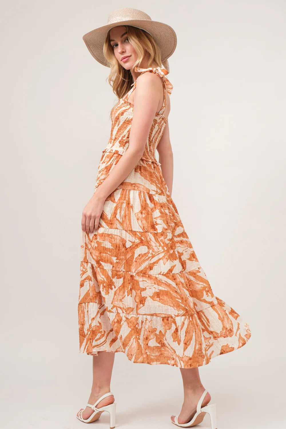 And the Why Tie Shoulder Smocked Midi Tiered Dress