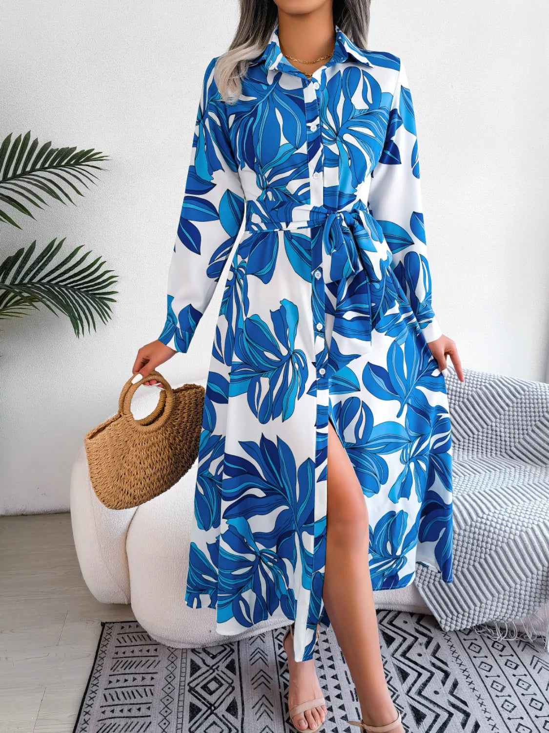 Tied Button up Long Sleeve Dress