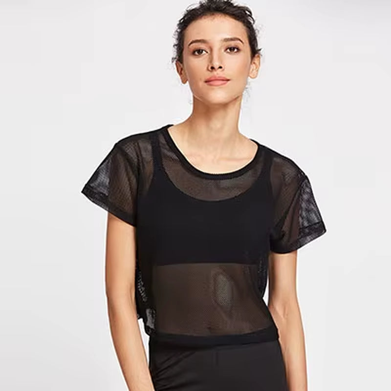 Women'S Mesh Yoga Shirt Sexy Short Sleeve T-Shirt Sport Top Blouse Cover up Quick Dry Gym Clothes Running Fitness Tank Sportwear