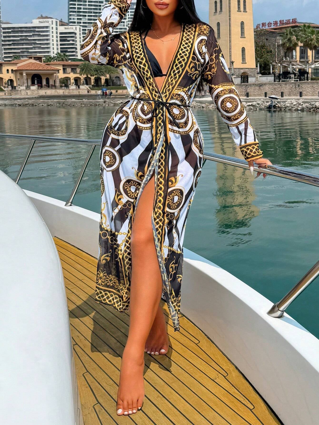 Women'S Holiday Chain Printed Long Sleeve Kimono Cover up (Random Print),Summer Beach