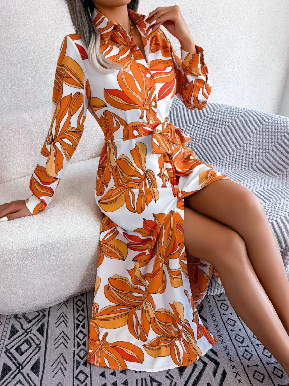 Tied Button up Long Sleeve Dress
