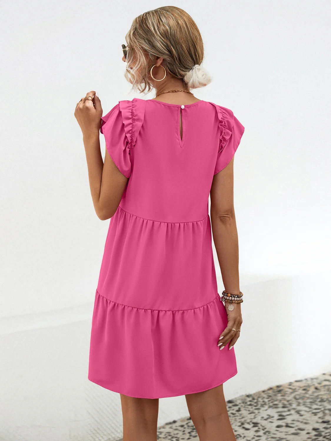 Ruffled round Neck Cap Sleeve Mini Dress
