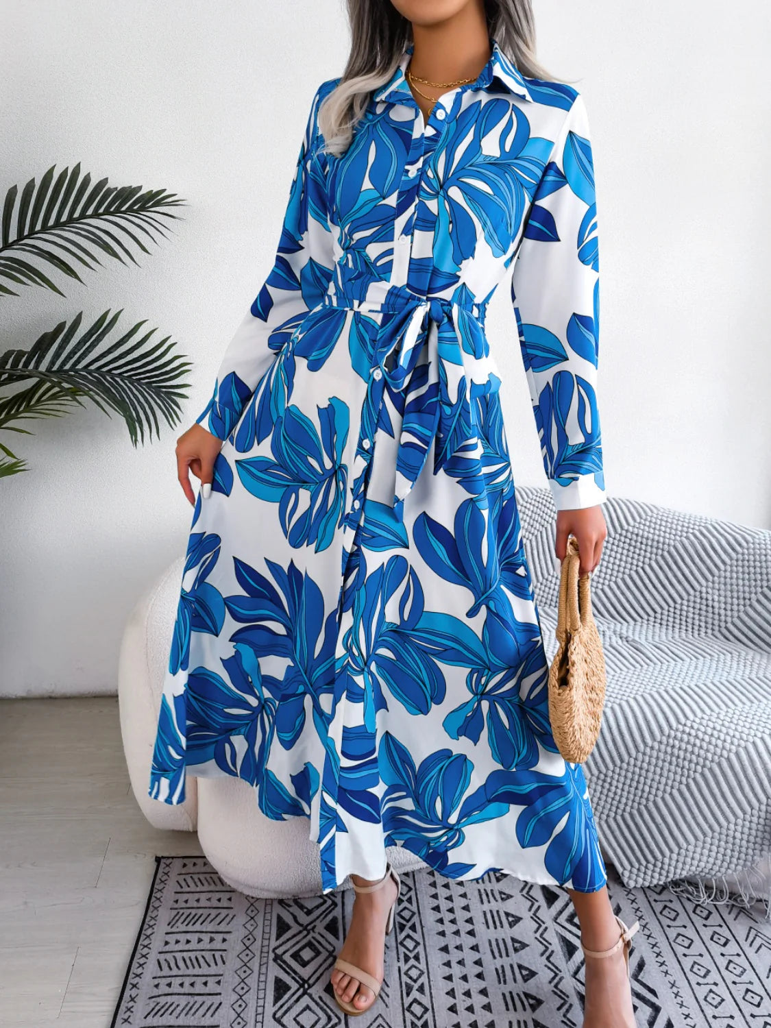 Tied Button up Long Sleeve Dress