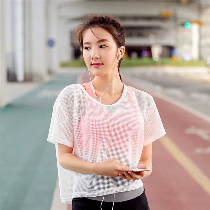 Women'S Mesh Yoga Shirt Sexy Short Sleeve T-Shirt Sport Top Blouse Cover up Quick Dry Gym Clothes Running Fitness Tank Sportwear