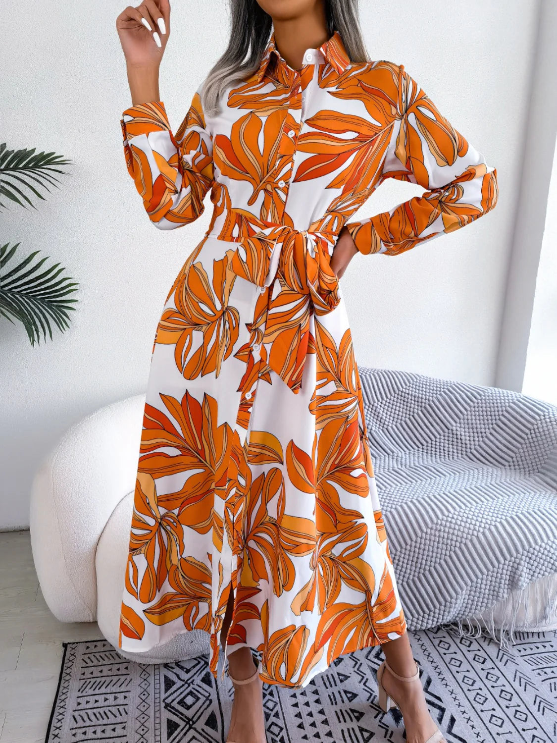 Tied Button up Long Sleeve Dress
