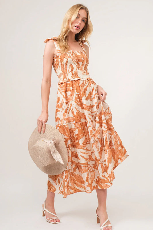 And the Why Tie Shoulder Smocked Midi Tiered Dress