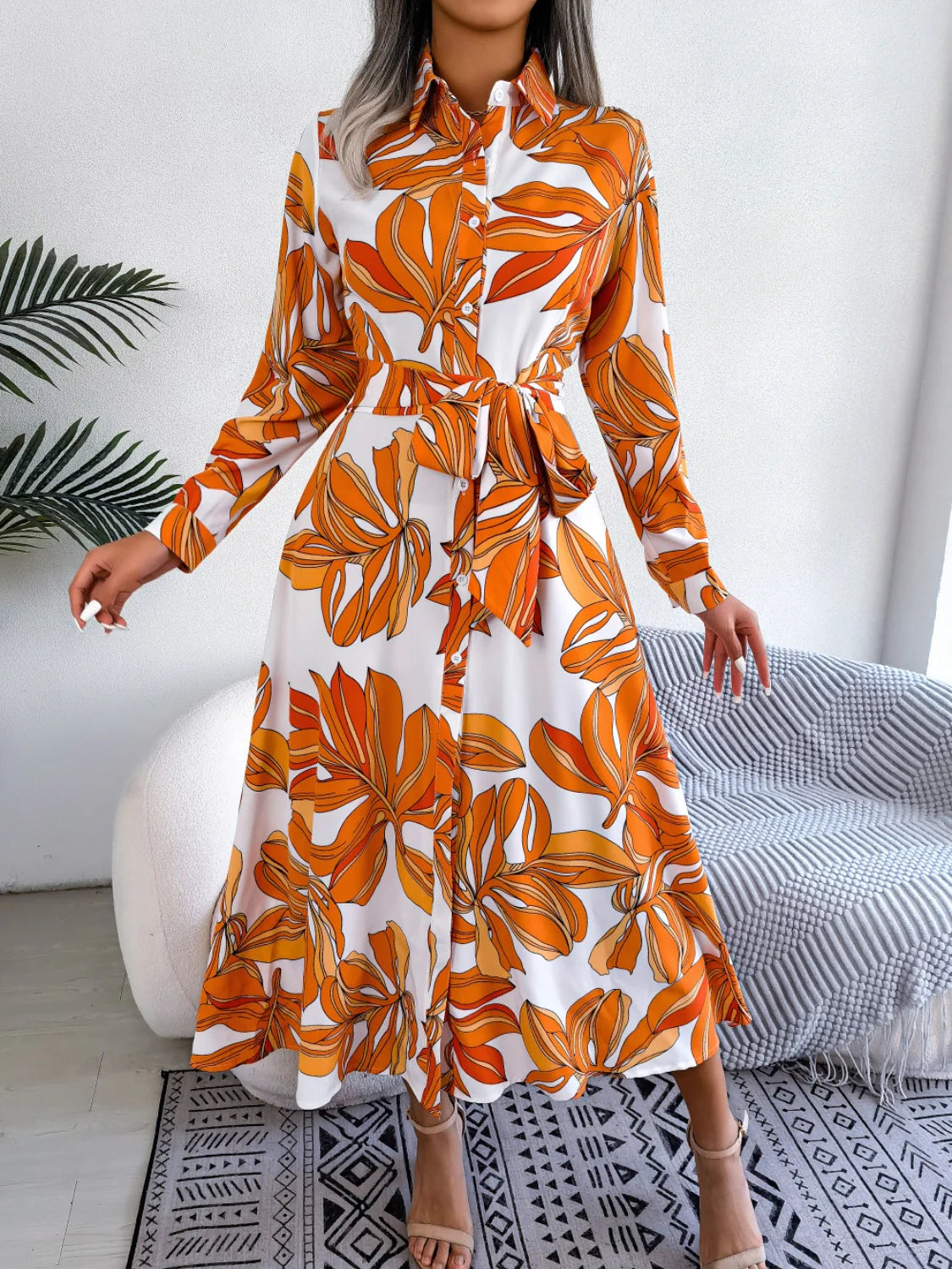 Tied Button up Long Sleeve Dress
